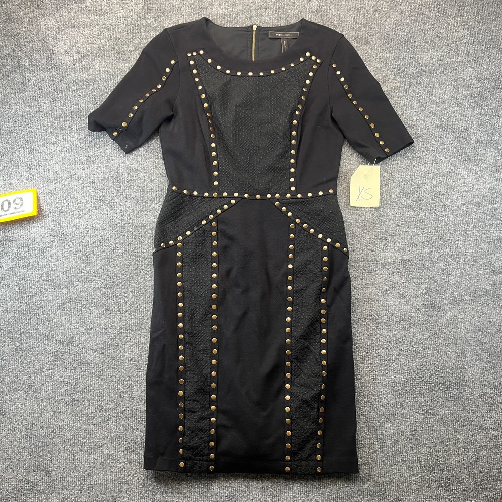 BCBGMAXAZRIA Isadora Bodycon Dress Womens XS Black Studded Short Sleeve Back Zip